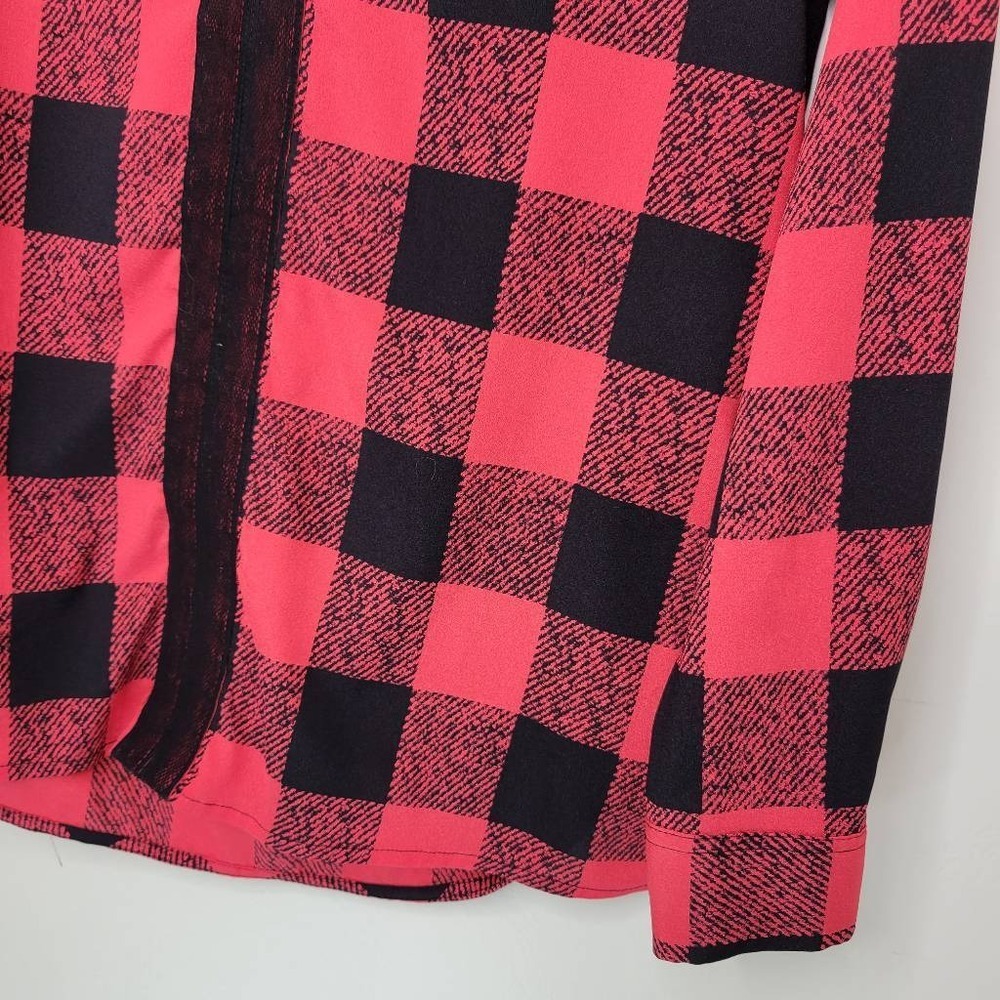 Gianni Bini Blouse XS Red Black Buffalo Plaid Lace Trim Boho Art-Inspired Blouse - Picture 3 of 9